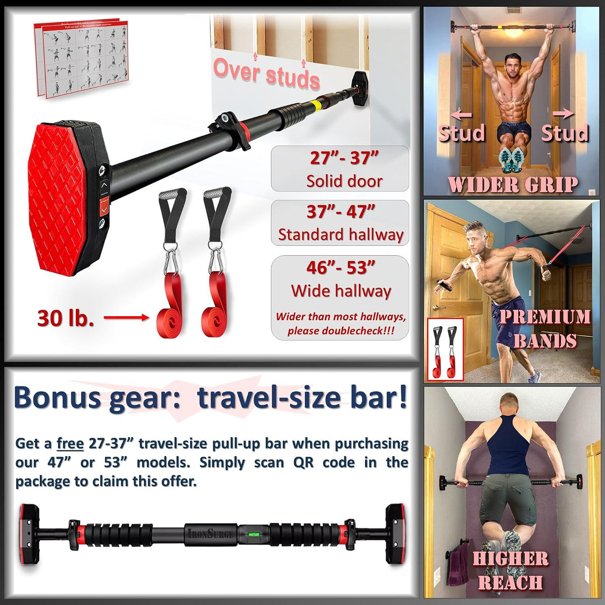 Pull Up Bar for Hallway or Doorway 6-piece Set with Two Attachable Resistance Bands/Handles, Training Manuals, No Screws Chin Up Bar, Max 680lbs, Width options: 27-37", 37-47"; 46-53"