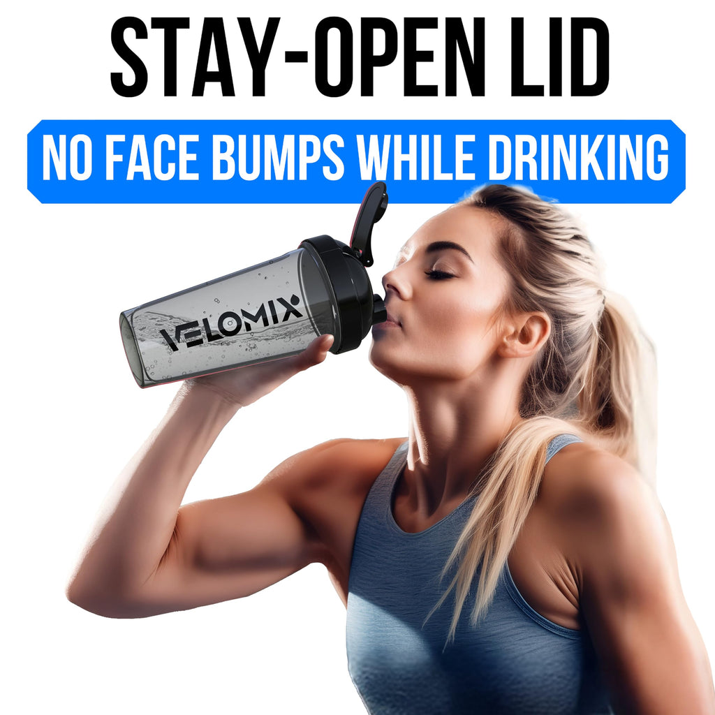 VELOMIX 2 Pack 28oz Protein Shaker Bottle for Protein Mixes, Black/Transpar