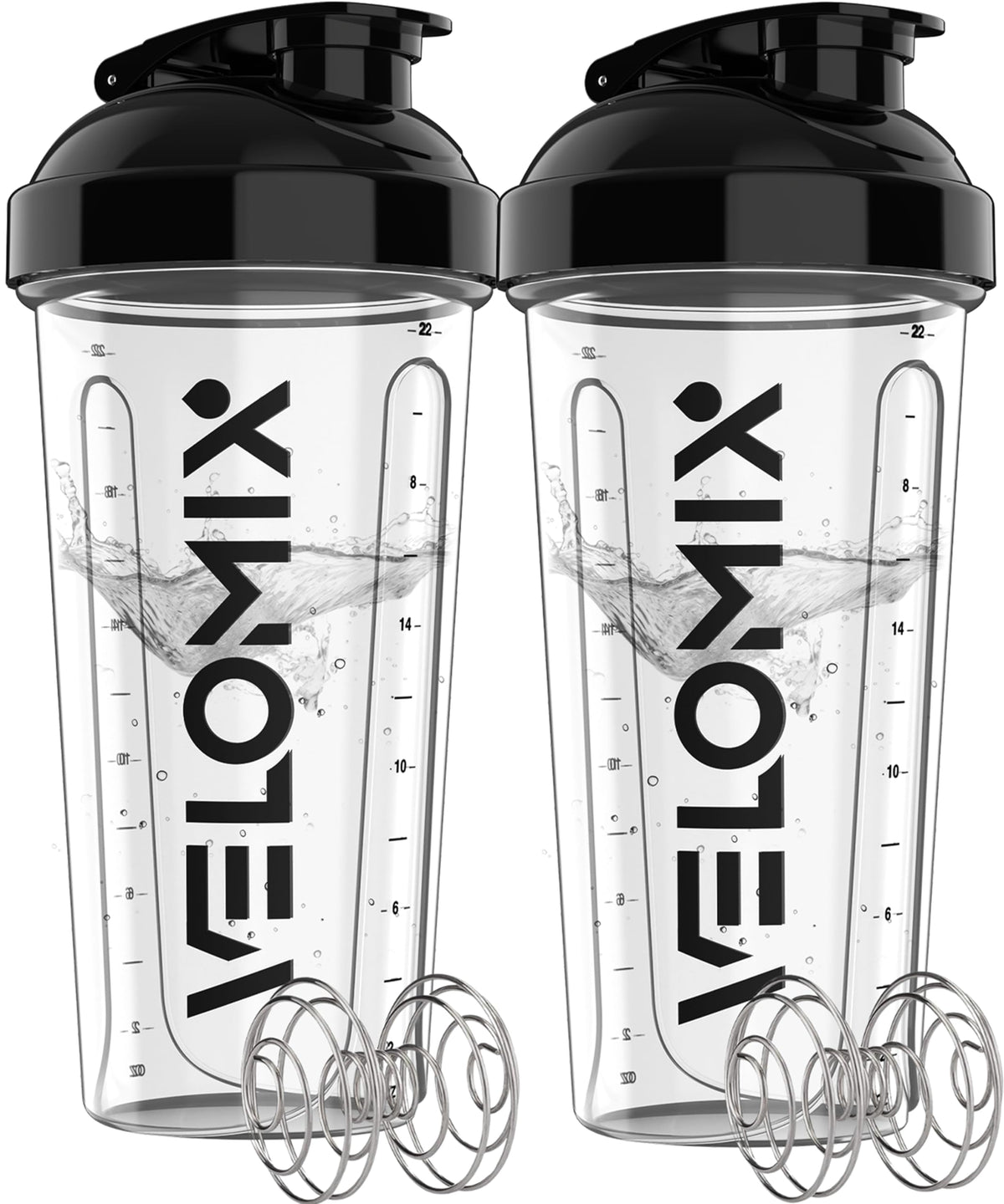 VELOMIX 2 Pack 28oz Protein Shaker Bottle for Protein Mixes, Black/Transpar