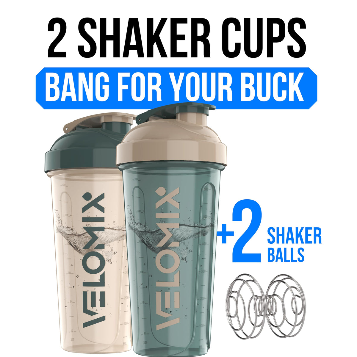 VELOMIX 2 Pack 28oz Protein Shaker Bottle for Protein Mixes, Black/Transpar