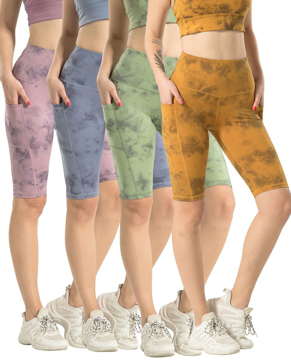 WHOUARE 4 Pack Biker Yoga Shorts with Pockets for Women,High Waisted Athletic Running Workout Gym Shorts Tummy Control
