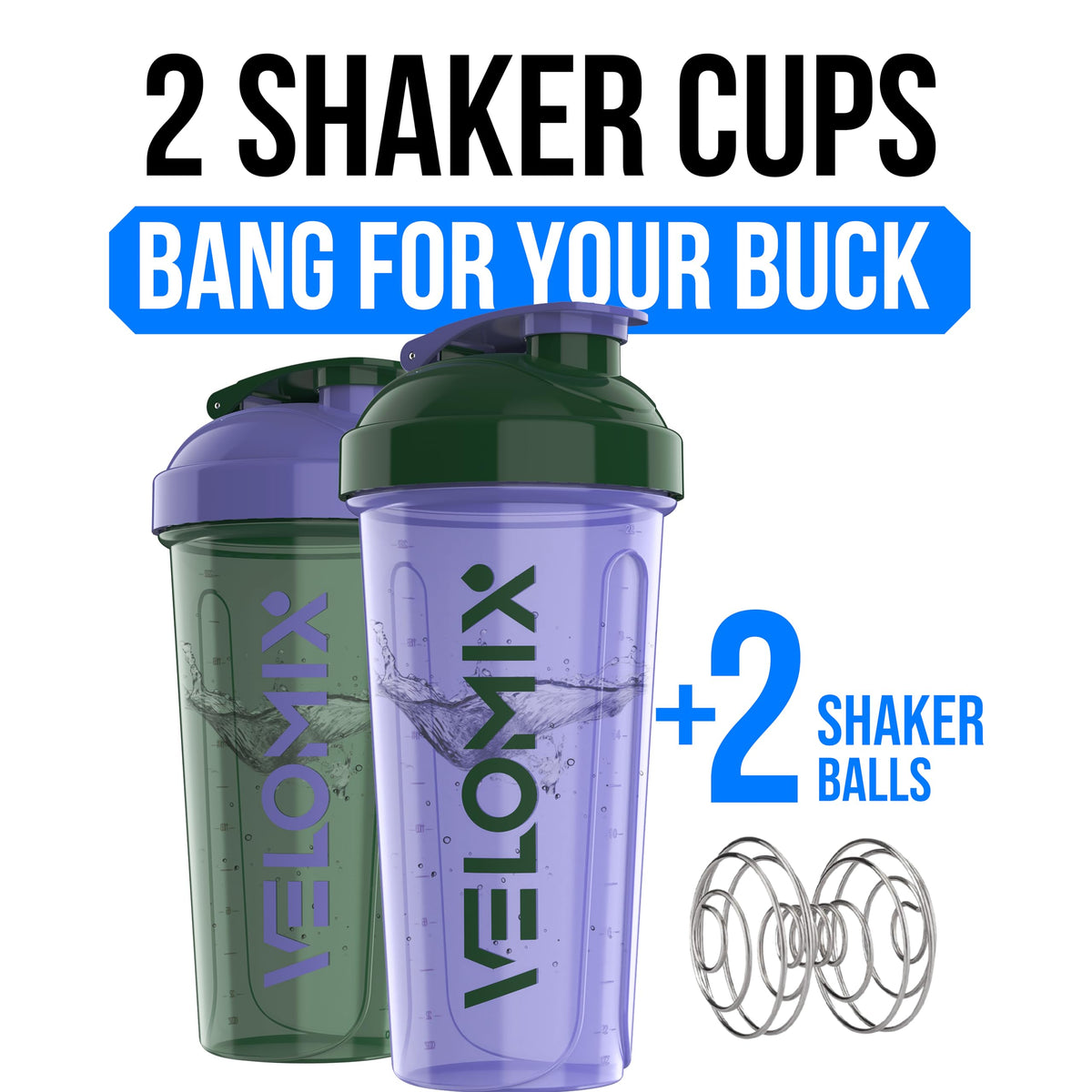 VELOMIX 2 Pack 28oz Protein Shaker Bottle for Protein Mixes, Black/Transpar