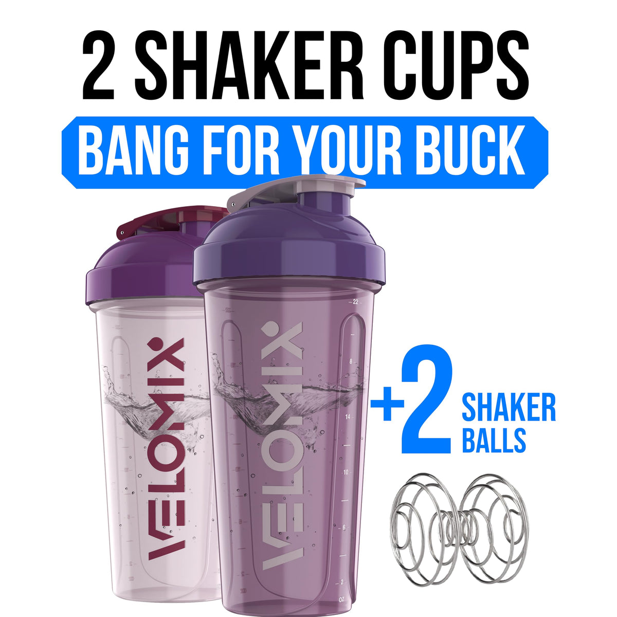 VELOMIX 2 Pack 28oz Protein Shaker Bottle for Protein Mixes, Black/Transpar