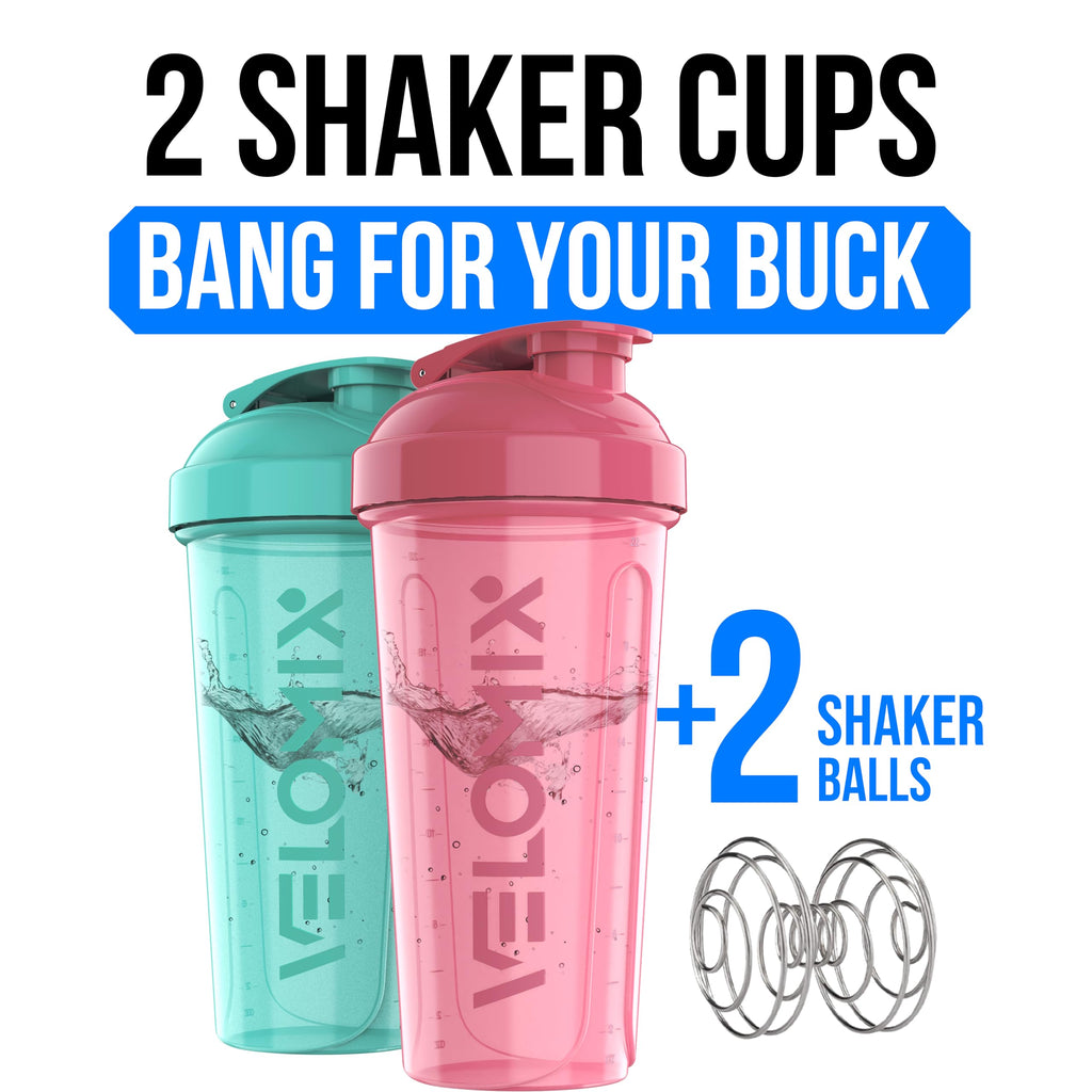 VELOMIX 2 Pack 28oz Protein Shaker Bottle for Protein Mixes, Black/Transpar