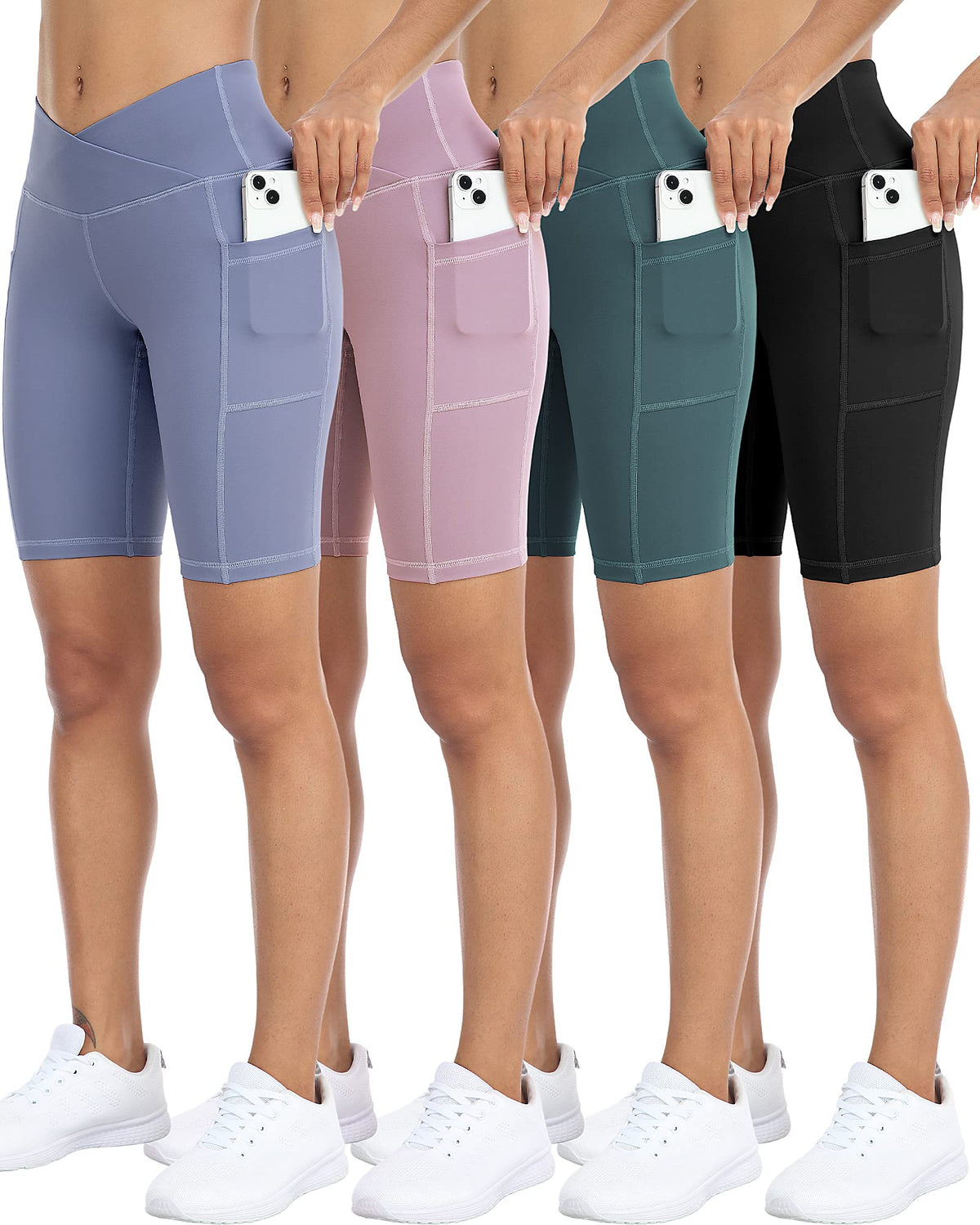 WHOUARE 4 Pack Biker Yoga Shorts with Pockets for Women,High Waisted Athletic Running Workout Gym Shorts Tummy Control