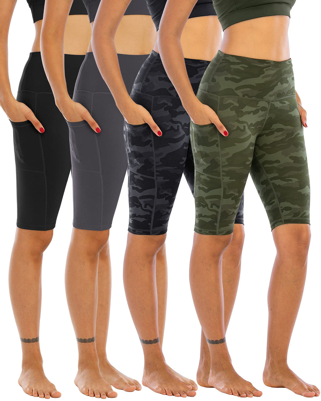 WHOUARE 4 Pack Biker Yoga Shorts with Pockets for Women,High Waisted Athletic Running Workout Gym Shorts Tummy Control