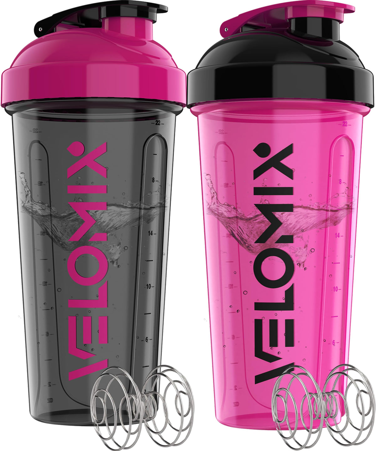 VELOMIX 2 Pack 28oz Protein Shaker Bottle for Protein Mixes, Black/Transpar