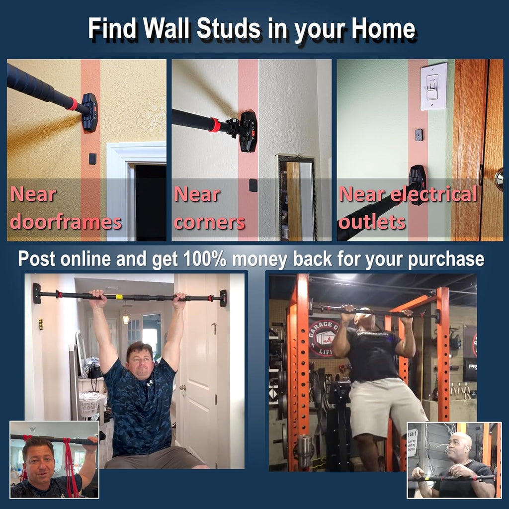 Pull Up Bar for Hallway or Doorway 6-piece Set with Two Attachable Resistance Bands/Handles, Training Manuals, No Screws Chin Up Bar, Max 680lbs, Width options: 27-37", 37-47"; 46-53"