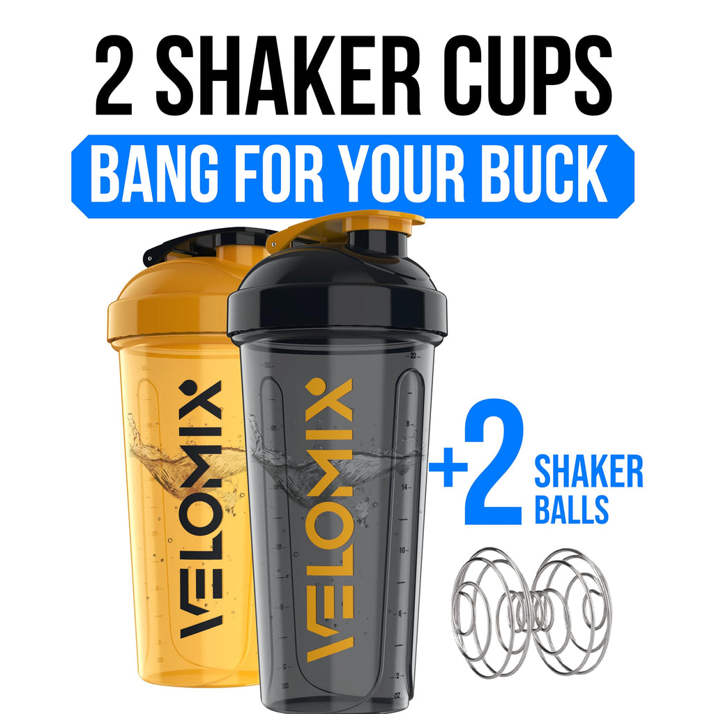 VELOMIX 2 Pack 28oz Protein Shaker Bottle for Protein Mixes, Black/Transpar
