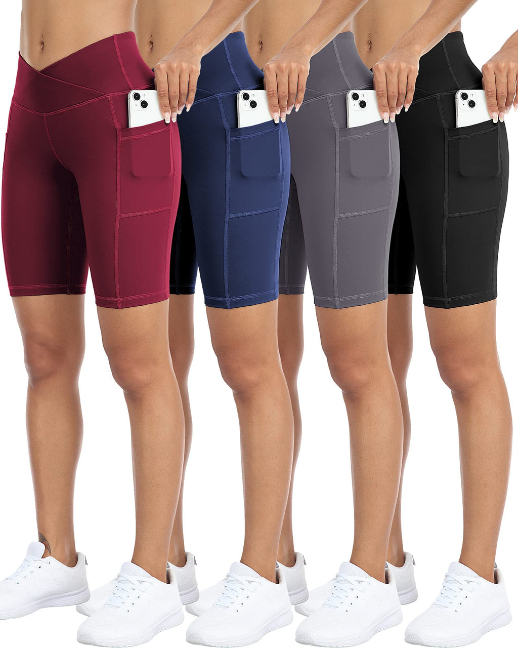 WHOUARE 4 Pack Biker Yoga Shorts with Pockets for Women,High Waisted Athletic Running Workout Gym Shorts Tummy Control