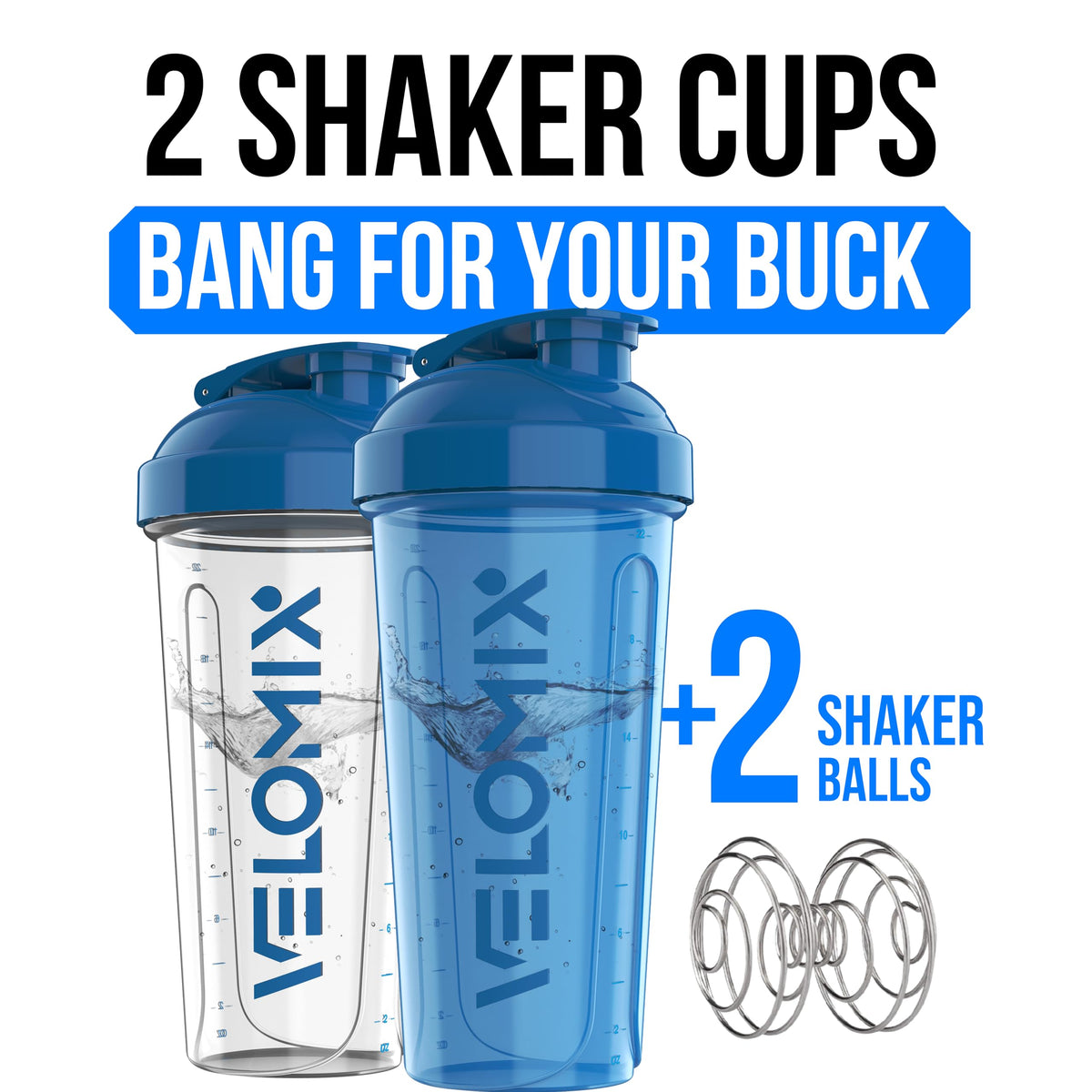 VELOMIX 2 Pack 28oz Protein Shaker Bottle for Protein Mixes, Black/Transpar