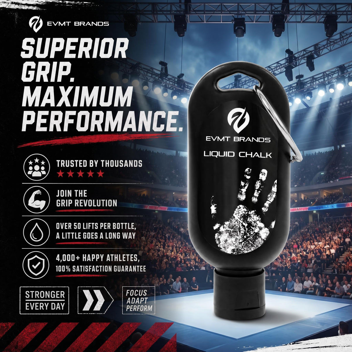 EVMT Brands Liquid Chalk, Mess Free Gym Chalk for Weightlifting, Gymnastics, Rock Climbing, Dancing. Sweat Resistant and Long Lasting for Stronger Grip.