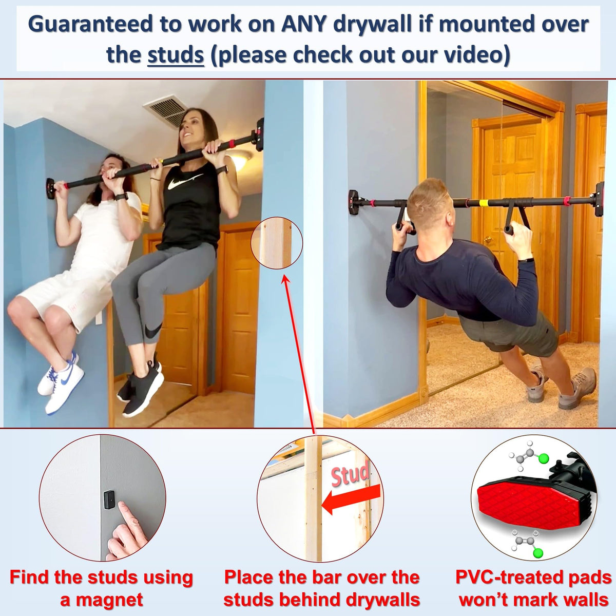Pull Up Bar for Hallway or Doorway 6-piece Set with Two Attachable Resistance Bands/Handles, Training Manuals, No Screws Chin Up Bar, Max 680lbs, Width options: 27-37", 37-47"; 46-53"