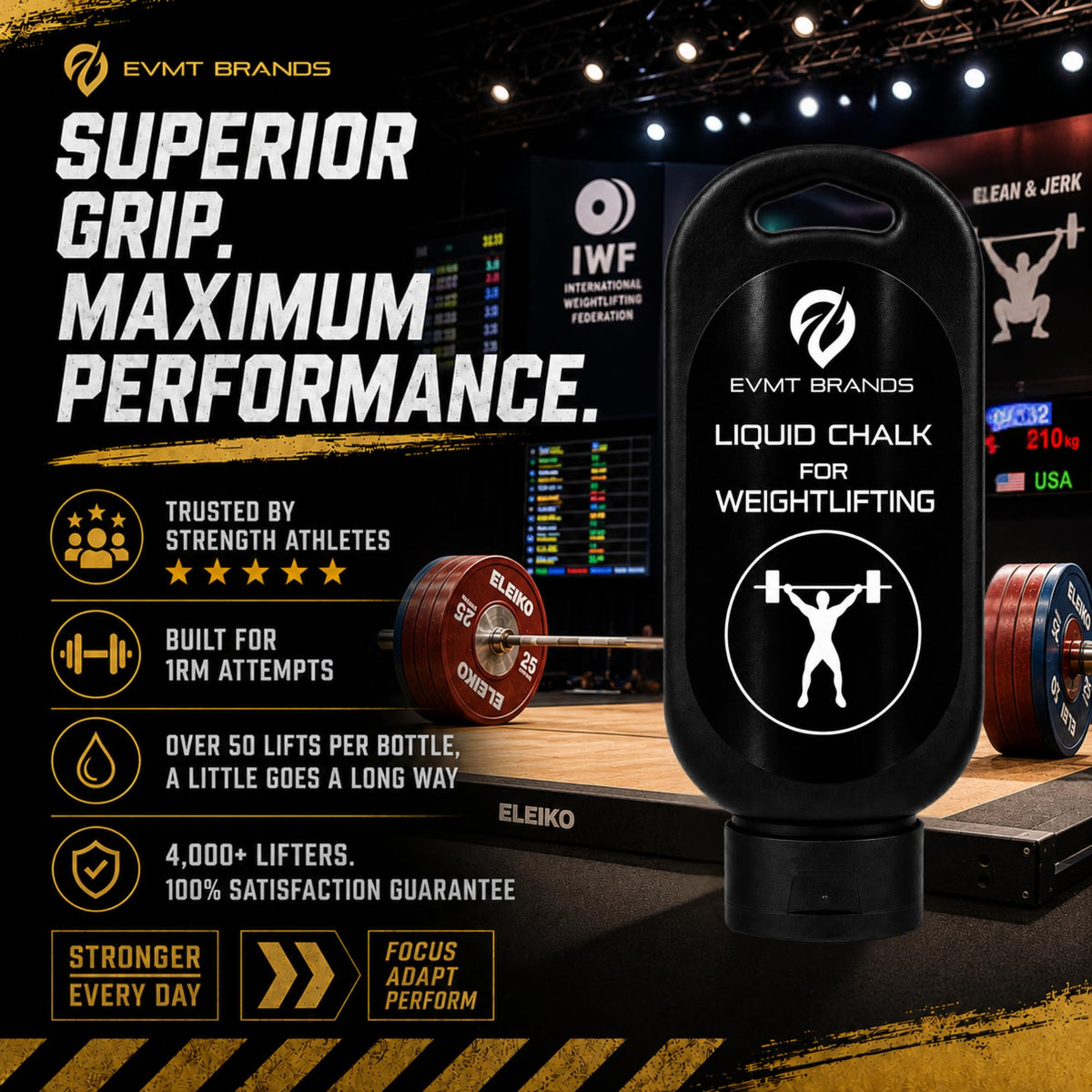 EVMT Brands Liquid Chalk, Mess Free Gym Chalk for Weightlifting, Gymnastics, Rock Climbing, Dancing. Sweat Resistant and Long Lasting for Stronger Grip.