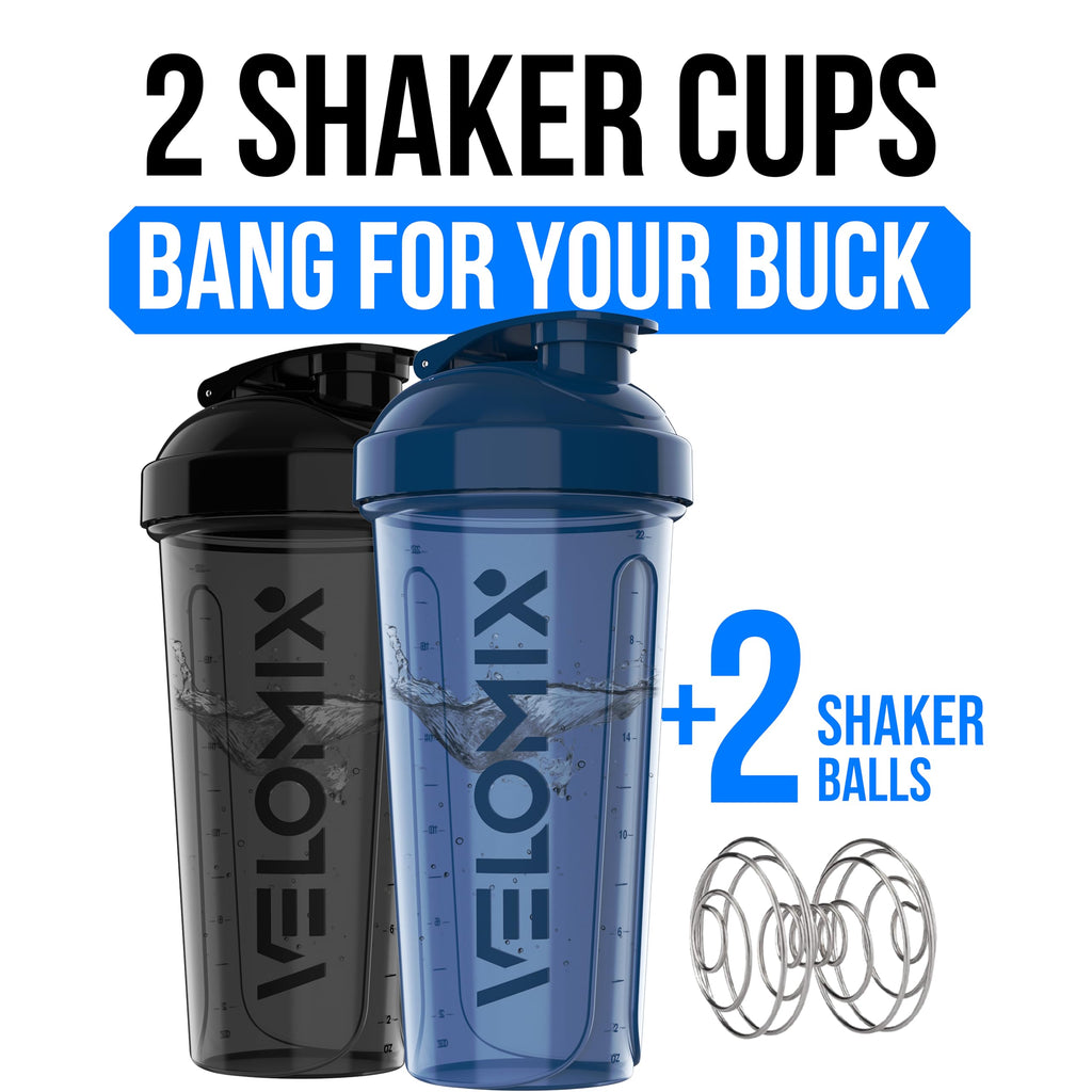 VELOMIX 2 Pack 28oz Protein Shaker Bottle for Protein Mixes, Black/Transpar